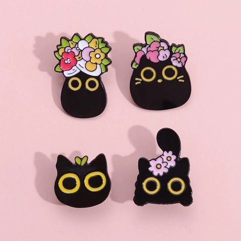 Schattige Zwarte Kat Bloem Emaille Brosje Pin Legering Cartoon Dier Badge Voor Rugzak Kleding Decoratie Sieraden Vrouwen Cadeau