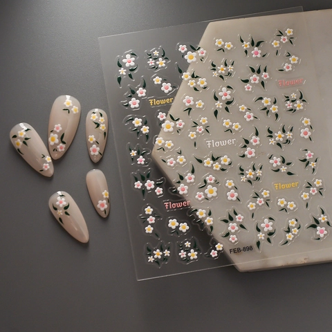 5D Geprägte Nagelkunst-Aufkleber Relief Blumen Gänseblümchen Rose Muster Wasserdicht Selbstklebend DIY Maniküre Aufkleber Für Frauen