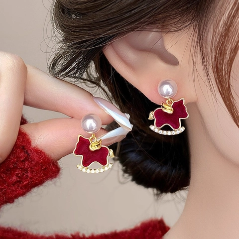 Pendientes De Botón De Caballo Mecedor Vintage Con Perla Artificial Sintética Y Flocado Aleación Strass Mujer Poste De Plata