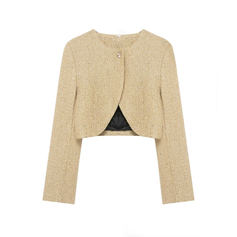 Champagne Goud Tweed Jas Met Lovertjes En Metaaldraad Elegante Lange Mouwen Korte Bovenkleding Voor Dames