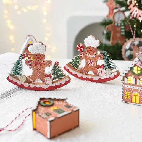 Christmas Hanging Ornaments Wooden LED Glowing House Gingerbread Man Snowman Reindeer Tree Decoration Festive Party Home Decor