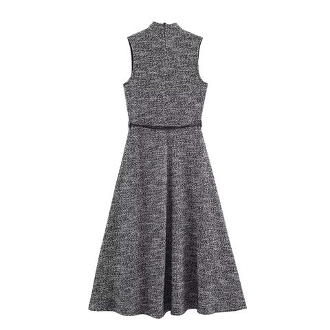 Elegant Sleeveless Mock Neck Maxi Dress With Belt Tweed Texture Polyester Fashion Casual Office Women Long Dress