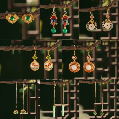New Chinese Retro Court Style Enamel Drop Earrings With 925 Sterling Silver Post Auspicious Cloud Floral Earring