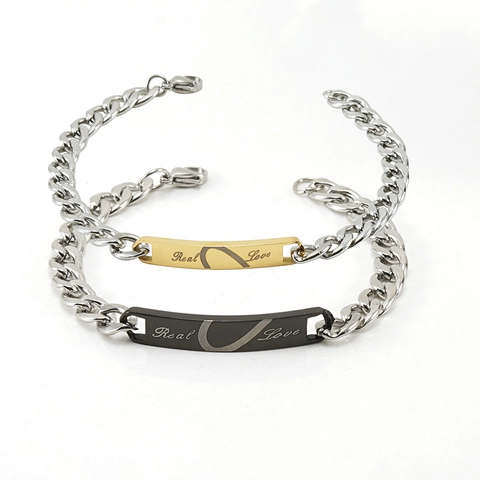 Stainless Steel Couple Bracelets Engraved ID Plate Curved Curb Link Chain Romantic Jewelry Lover