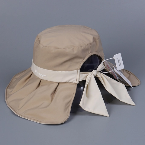 Women Wide Brim Bucket Hat UV Protection Foldable Sun Hat With Bow Tie And Ponytail Hole Polyester Summer Beach
