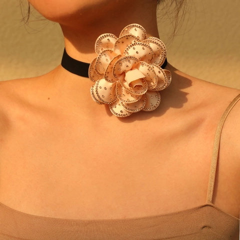 Collar Choker De Flor De Tela 3D Con Diamantes De Imitación Camelia Rosa Floral Elegante Joyería De Boda Fiesta Para Mujeres