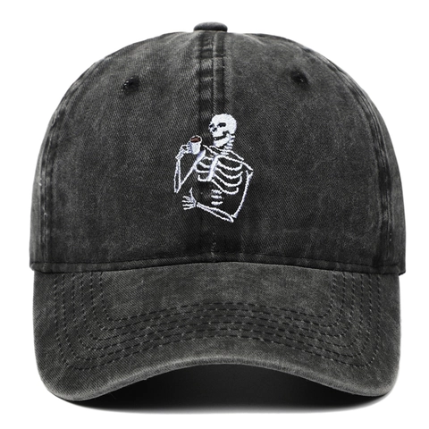 Washed Cotton Baseball Cap Retro Distressed Skeleton Coffee Embroidery Adjustable Dad Hat Breathable Sun Protection Outdoor