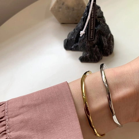 925 Sterling Silver Open Cuff Bracelet For Women Irregular Texture Liquid Metal Design Minimalist Aesthetic Jewelry