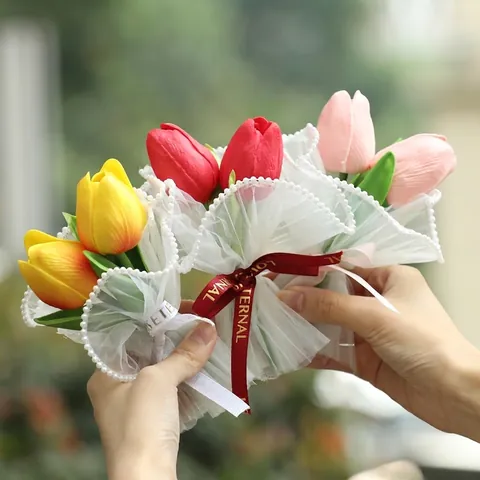 Mini Artificial Tulip Bouquet PU Flowers With Artificial Pearl Lace Mesh Wrapping For Home Decor Wedding Party Gift Romantic