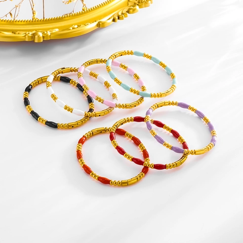 Stainless Steel Drip Oil Beads Bracelet 18K Gold Plated Geometric Enamel Bangle For Women Simple Minimalist INS Jewelry