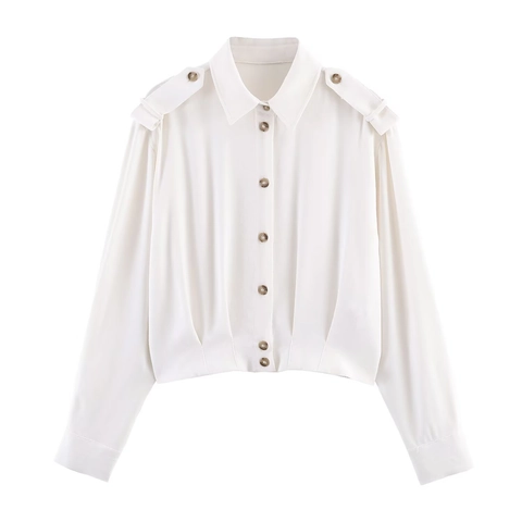 Women Long Sleeve Cropped Shirt With Epaulettes Lapel Single Breasted Solid Color Polyester Blouse Chic Fashion