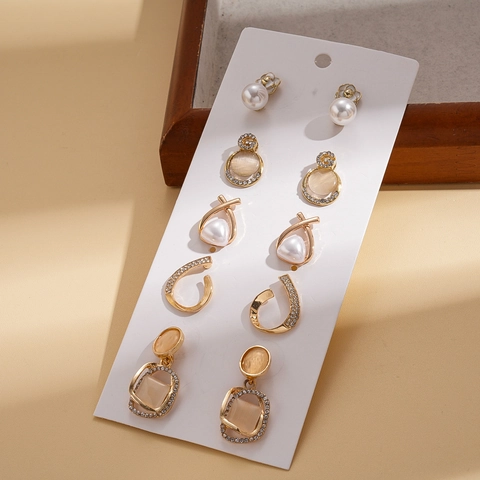 Pendientes Geométricos De Flores Para Mujer Aleación Diamante Imitación Piedra Ojo Gato Perla Artificial Y Poste Plata Ley 925