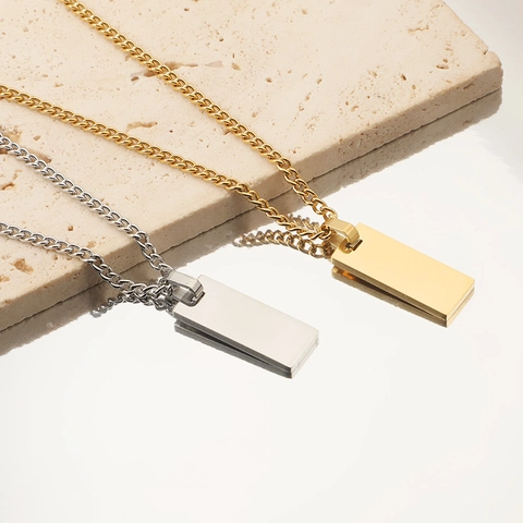 Rectangle Bar Pendant Necklace 304 Stainless Steel High Polish Geometric Curb Chain Minimalist Simple Unisex Jewelry