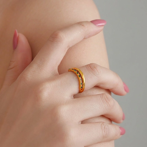 Roestvrijstalen Ring 18K Verguld Groen Zirkoon Golf Geometrisch Minimalistisch Luxe Sieraden Voor Dames