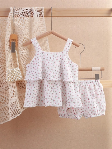 Girls Floral Strap Top And Shorts Cotton Double Gauze Muslin Breathable Ruffle Sweet Loungewear Baby Toddler