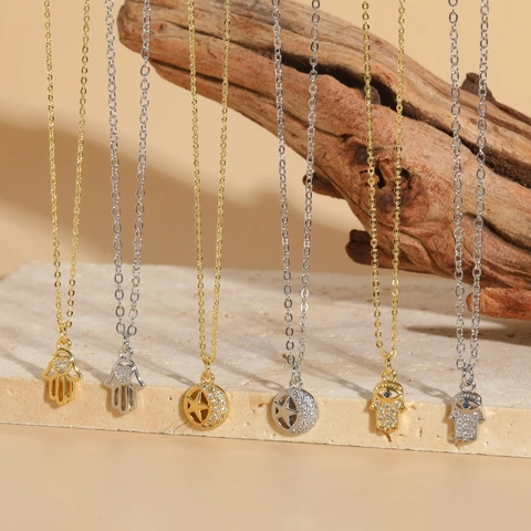 Hamsa Hand Evil Eye Star Moon Pendant Necklace Copper Zircon Gold Silver Plated Bohemian Style Jewelry For Women