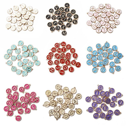 Round Enamel Alphabet Letter Charms Alloy Metal Gold Plated Double Sided Colorful Pendants For DIY Jewelry Making