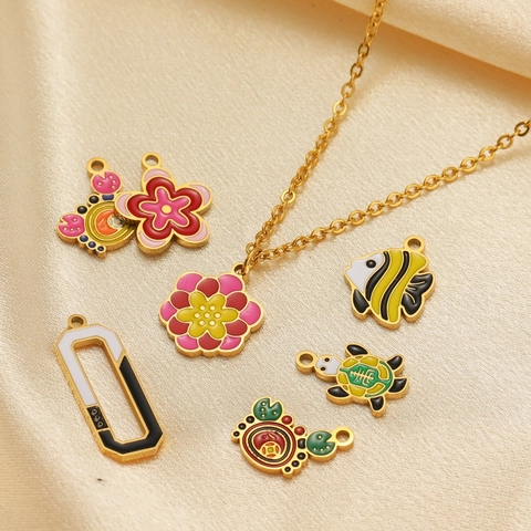 Stainless Steel Charms Vacuum Gold Plated Enamel Colorful Flower Turtle Fish Crab DIY Jewelry Making Accessories