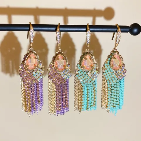 Orecchini Pendenti Boho Rame Zircone Goccia D'Acqua Lunghe Frange Catena Multistrato Stile Etnico Per Donna