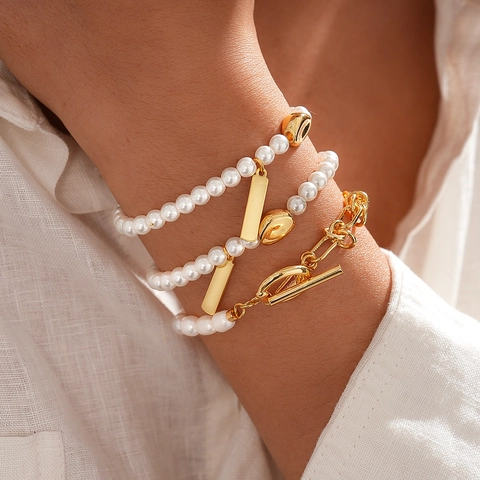 Elegante Bracciale Multistrato Donna Perla Artificial Sintetica E Catena In Lega Placcata Oro Gioielli Stile Vintage Con Chiusura OT
