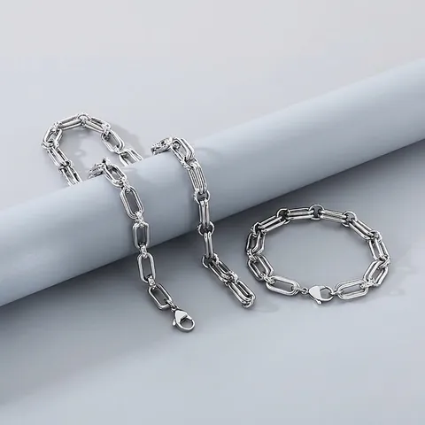 Collar Y Pulsera De Acero Inoxidable Para Hombre Joyería De Eslabones Ovalados Estilo Punk Minimalista Moderno Plateado
