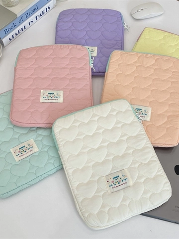Heart Quilted Laptop Sleeve Soft Padded Tablet Case Macaron Colors Zippered Shockproof Protective Cover For Women Students