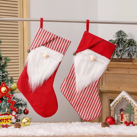 Calza Di Natale Gnomo Peluche Tessuto Design Senza Volto Rigato Con Campanello Sacchetto Regalo Festivo Addobbo Da Appendere