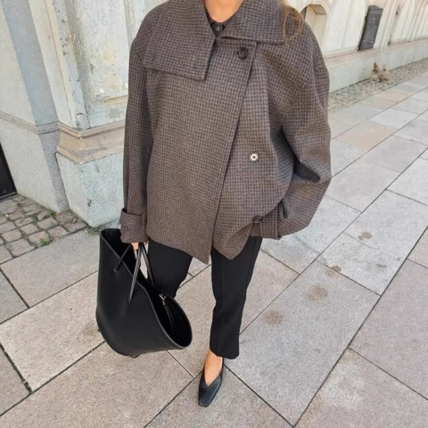 Women Houndstooth Plaid Woolen Jacket Vintage British Style Chic Short Coat Stand Collar Button Front Outerwear