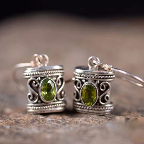 Vintage Bohemian Drop Earrings For Women Retro Ethnic Nepal Style Oval Green Gemstone Silver Tone Metal Dangle Earrings