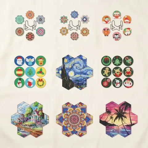 DIY Diamond Painting Coasters Wood Mandala Landscape Christmas Pattern Handmade Rhinestone Cup Mat With Holder Art Craft