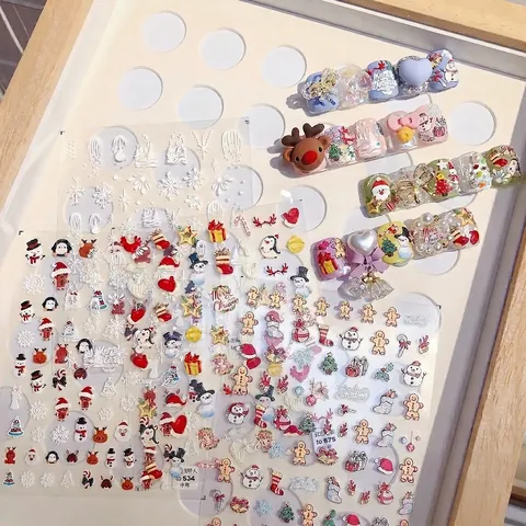 3D Embossed Nail Art Stickers Pink Halloween Christmas Snowman Gingerbread Man Adhesive Decals DIY Manicure Decoration