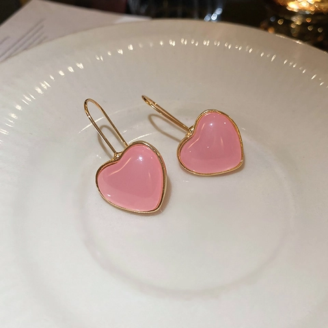 Pink Heart Dangle Earrings Resin Gold Plated Copper Sweet Fashion Jewelry For Women With Silver Earring Post