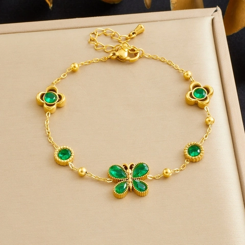 Bracciale Con Pendente Farfalla Fiore Acciaio Inossidabile Placcato Oro Zircone Intarsiato Catena Regolabile Gioielli Eleganti
