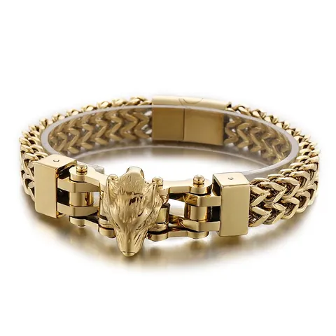 Men Wolf Head Bracelet Stainless Steel Double Row Woven Chain Punk Gothic Biker Jewelry Mechanical Buckle Hip Hop Accessory