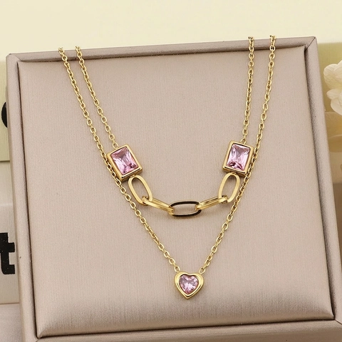 Double Layered Heart Necklace Titanium Steel Gold Plated Rectangular Zircon Pendant Stackable Trendy Jewelry For Women