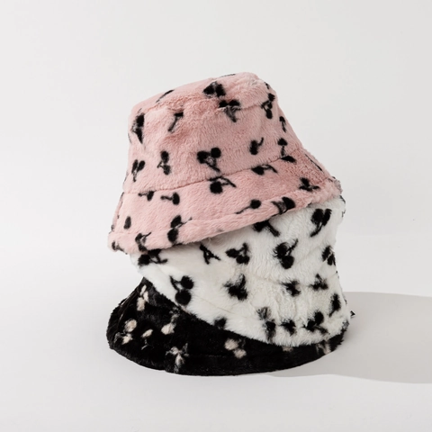 Faux Fur Bucket Hat Cherry Print Plush Warm Winter Windproof Outdoor Sweet Style For Women