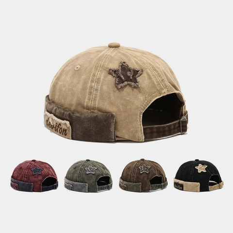 Retro Docker Hat Washed Cotton Brimless Cap With Star Patch Distressed Streetwear Adjustable For Men Women
