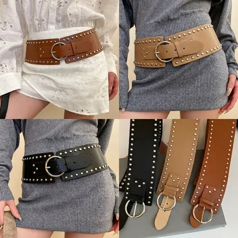 Cintura Larga Vintage Similpelle Borchie Fibbia Metallo Rotonda Moda Punk Accessori Donna