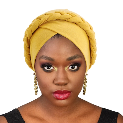 Braided Elastic Turban Hat For Women Muslim Hijab Ethnic Style Head Wrap Solid Color Cotton Fabric Fashion Hair Accessory