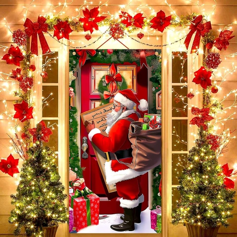 Kerst Deurbanner Kerstman Print Polyester Feestelijke Veranda Hangende Vlag Tuin Buiten Decoratie