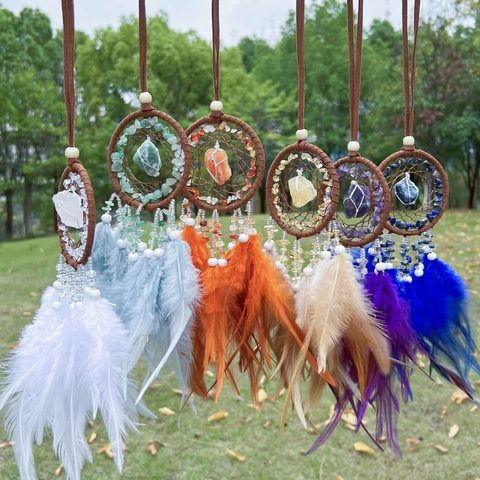 Handwoven Dreamcatcher Wall Hanging Natural Crystal Stone Feather Ornament Bohemian Style Home Decor Accent