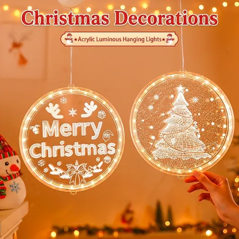 Christmas LED Acrylic Hanging Light Battery Operated Round Window Sucker Lamp Warm White For Home Party Wall Decor
