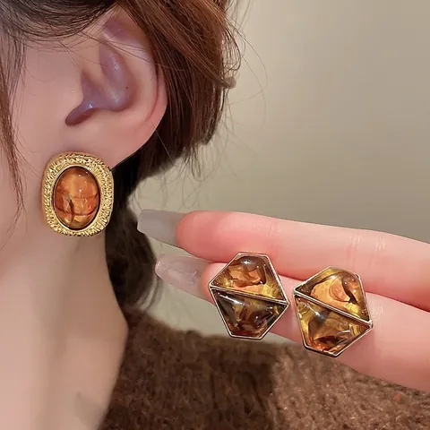 Boucles D'oreilles Géométriques Carrées En Résine Ambre Rétro Avec Tige En Argent Sterling 925 Doré Bijoux Vintage