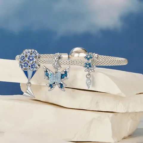 Charm In Argento Sterling 925 Smalto Blu Fiore Farfalla Aeroplano Di Carta Ciondolo Accessori Gioielli Eleganti