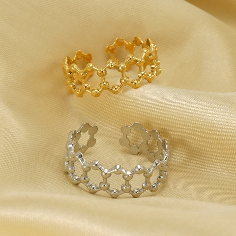 Anillo Hueco En Forma De Panal De Acero Inoxidable Chapado En Oro De 18K Joyería Geométrica Ajustable Con Dedo Abierto Para Mujer Estilo De Nicho