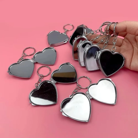 Heart Oval Mirror Keychain Silver Metal Foldable Double Sided Cosmetic Mirror Lipstick Holder Mesh Bag Charm Accessories
