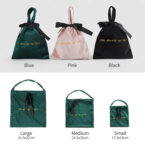 Velvet Drawstring Bag Portable Storage Pouch With Ribbon Bow Gold Embroidery For Jewelry Cosmetics Gift Packaging