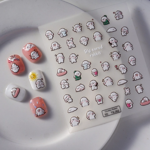 Pegatinas De Arte De Uñas 5D Relieve Diseño Conejo Gordito Dibujos Animados Estereoscópico Calcomanías Adhesivas Impermeables