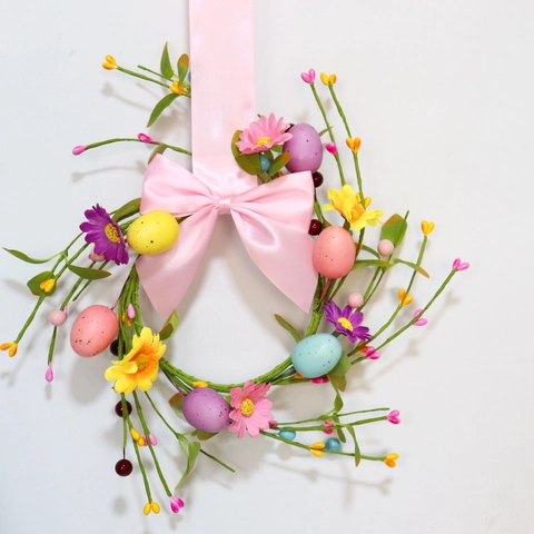 Easter Wreath Artificial Colorful Spotted Egg Pink Ribbon Bow Green Leaf Candle Ring Indoor Wall Door Party Decor