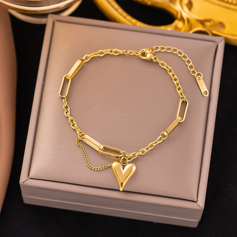 Stainless Steel Heart Pendant Bracelet Necklace For Women Asymmetric Paperclip Chain Minimalist Jewelry Gift Gold Silver Color
